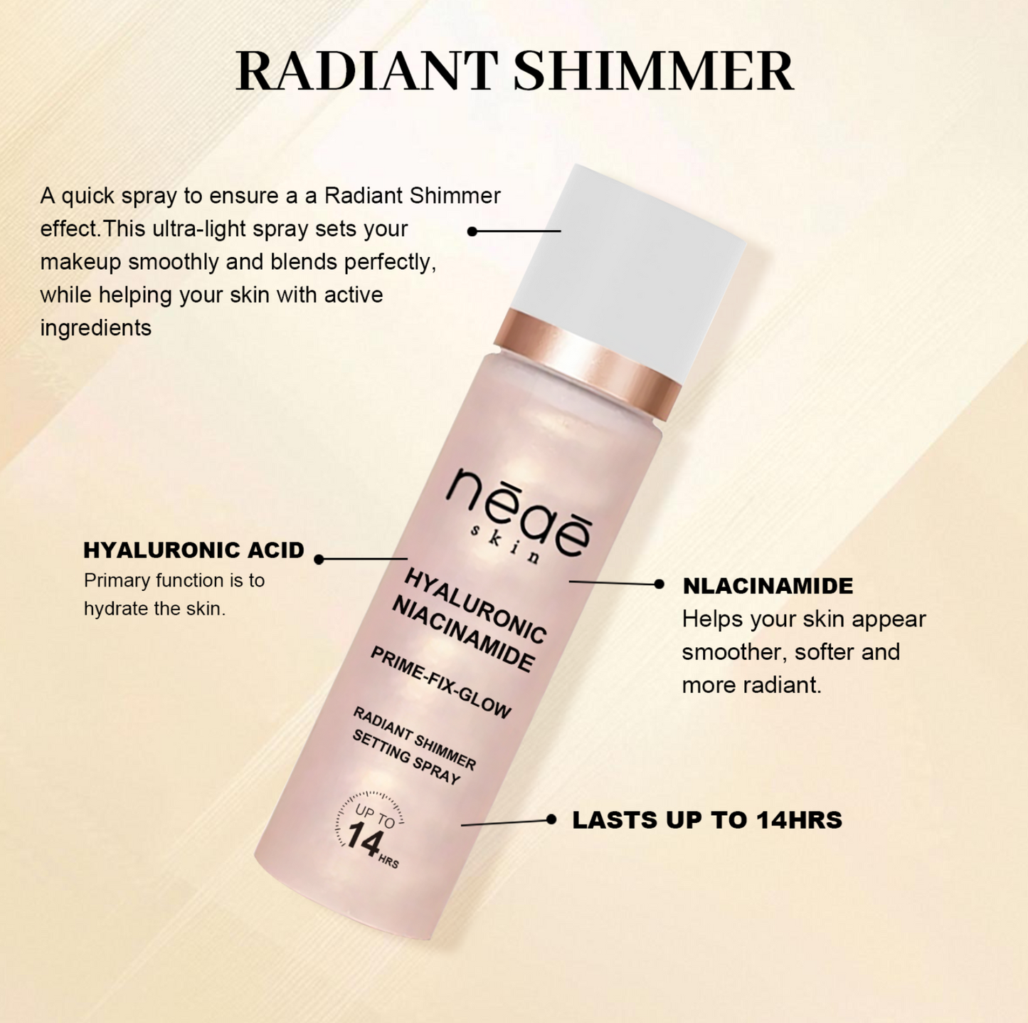 Neae Skin Hyaluronic Niacinamide Radiant Shimmer Setting Spray bottle with clear cap and shimmering label, ready for makeup setting.