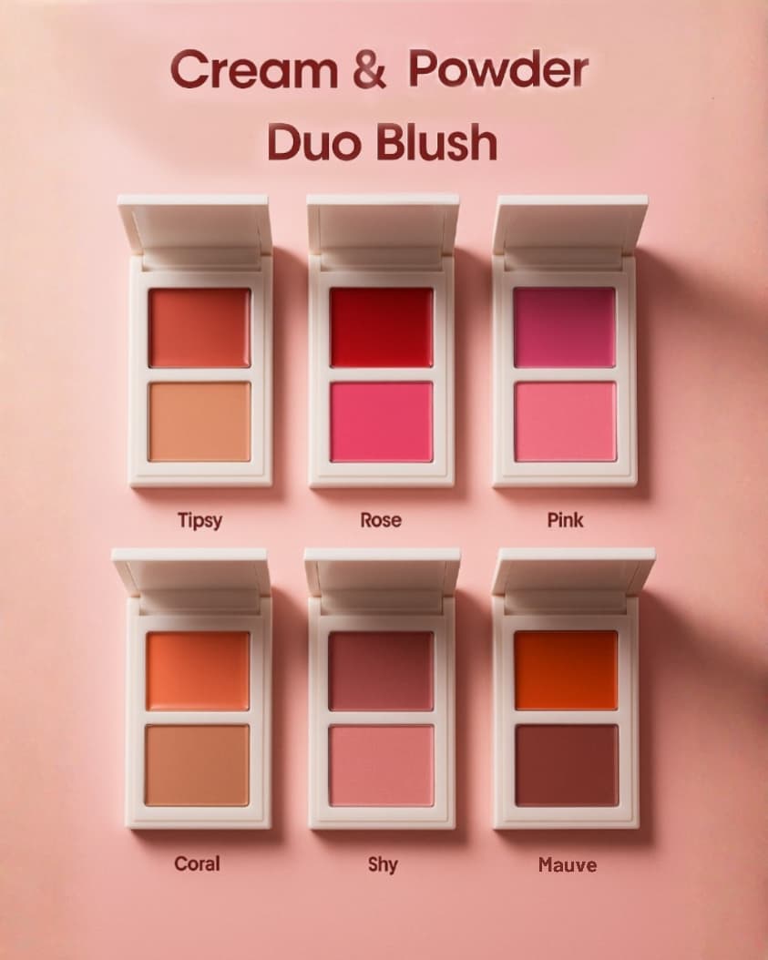 Cream & Powder Duo Blush • Hybrid Formula • Jojoba Oil • Shea Butter • Vitamin E • 6 Shades