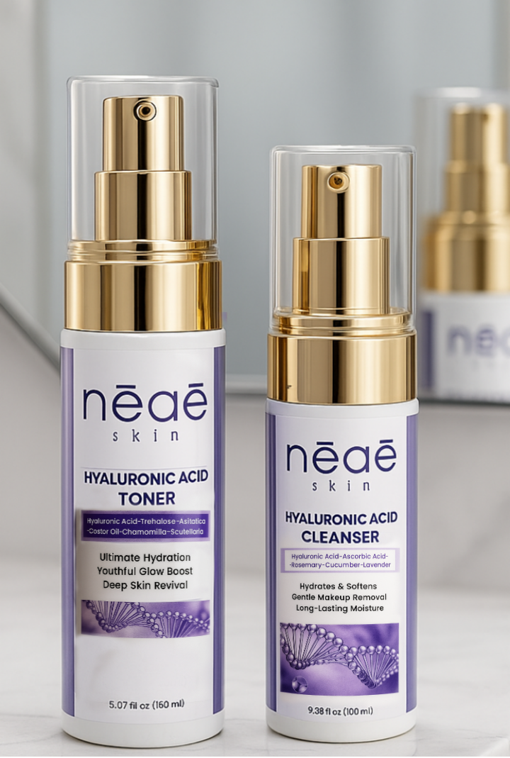 Hyaluronic Acid Cleanser & Toner Duo
Neae Skin Hyaluronic Acid Cleanser – Infused with Vitamin C, Panthenol, Cucumber & Lavender