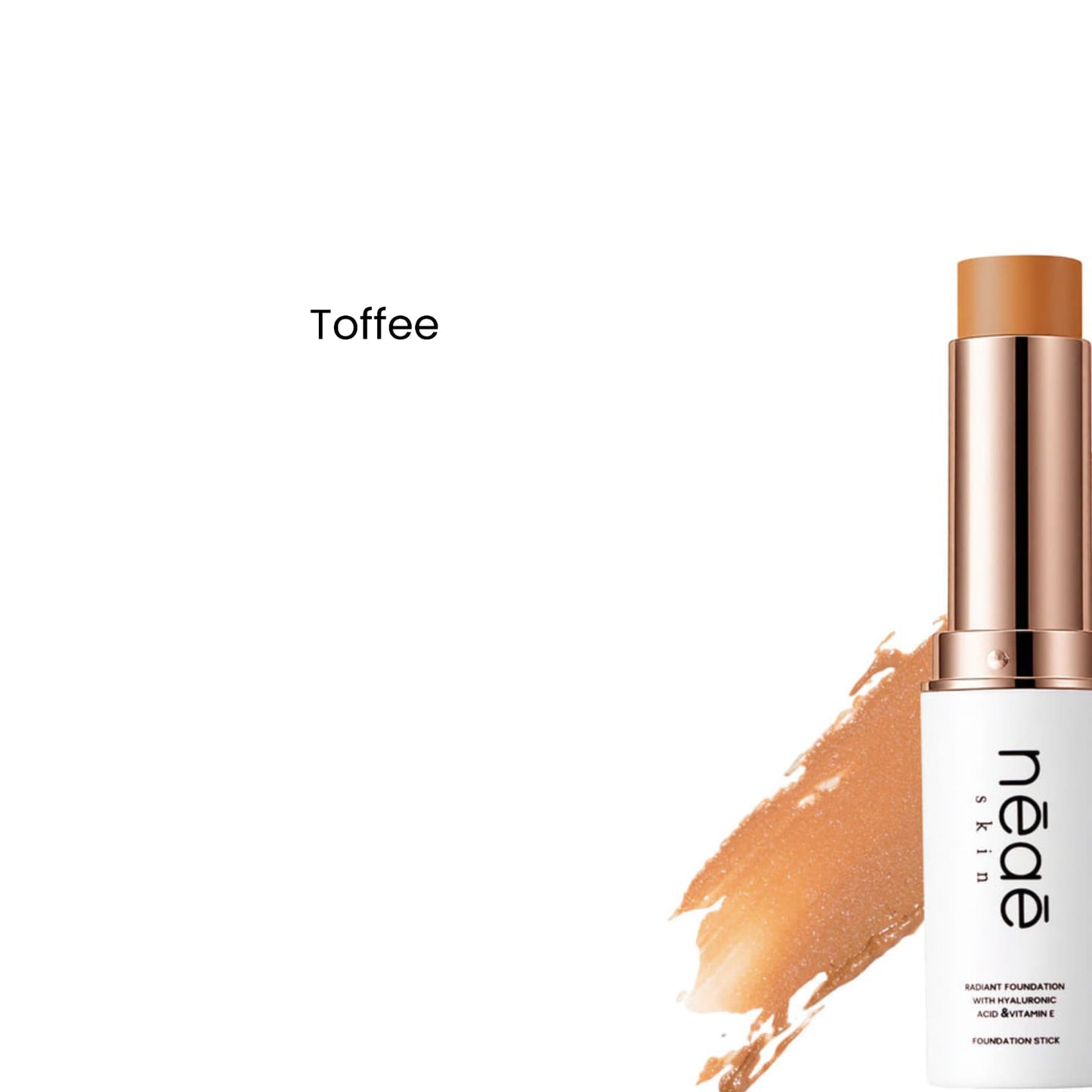 Neae Skin Radiant Shimmer Foundation Stick in Toffee shade, showcasing smooth, luminous makeup application.