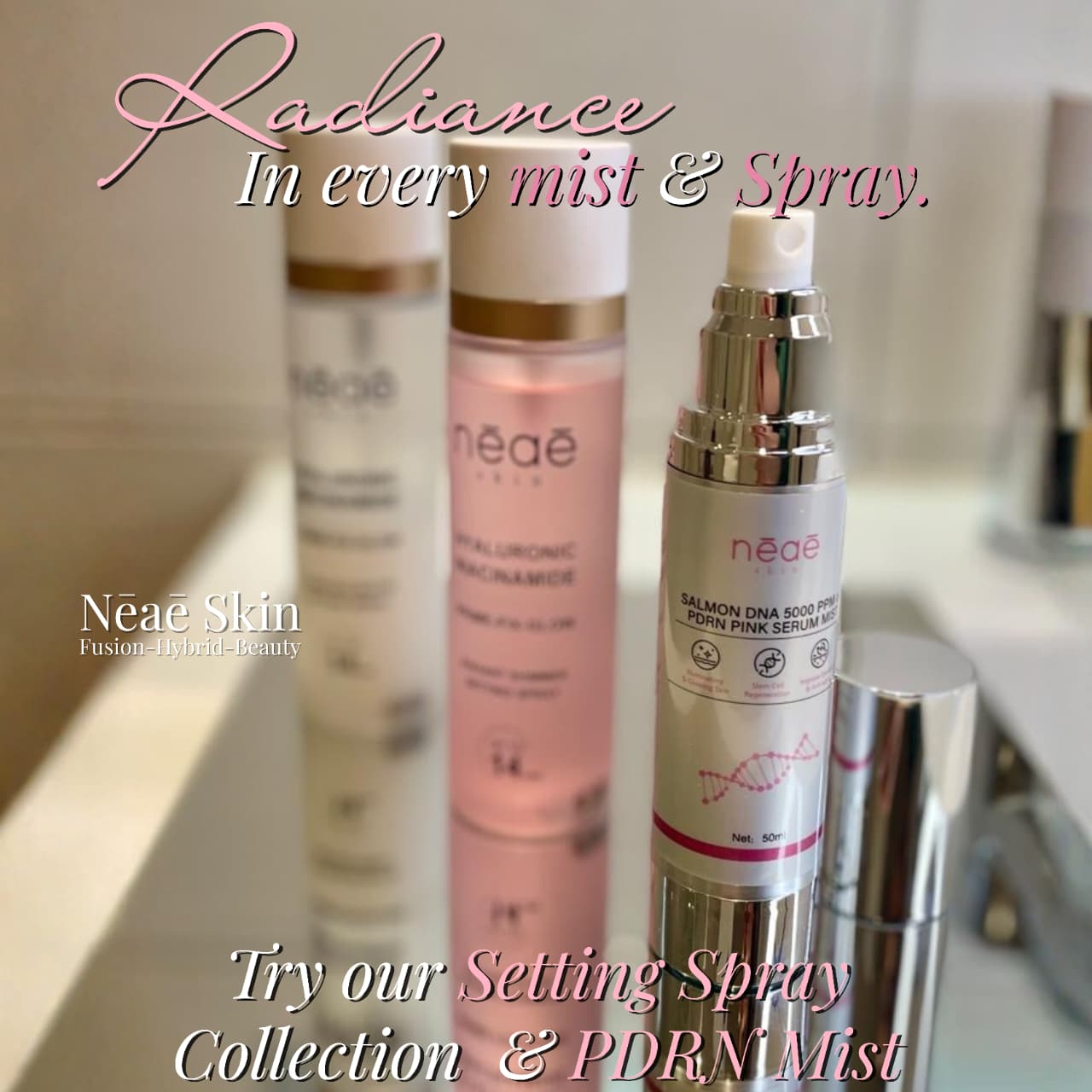 Dewy Glow Setting Spray • Hyaluronic Acid • Niacinamide (Hydration & Glow)
Flawless Matte Setting Spray • Hyaluronic Acid • Niacinamide (Sets Makeup)
Radiant Shimmer Setting Spray • Hyaluronic Acid • Niacinamide (Hydration & Shimmer)
Salmon PDRN Mist • Niacinamide • Hyaluronic Acid • Alpha Arbutin