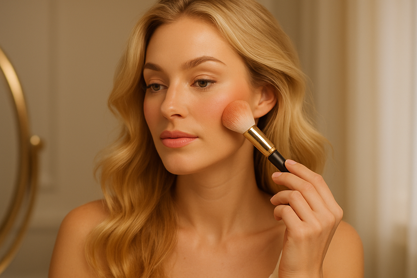 blond beautiful lady applying blush with brush