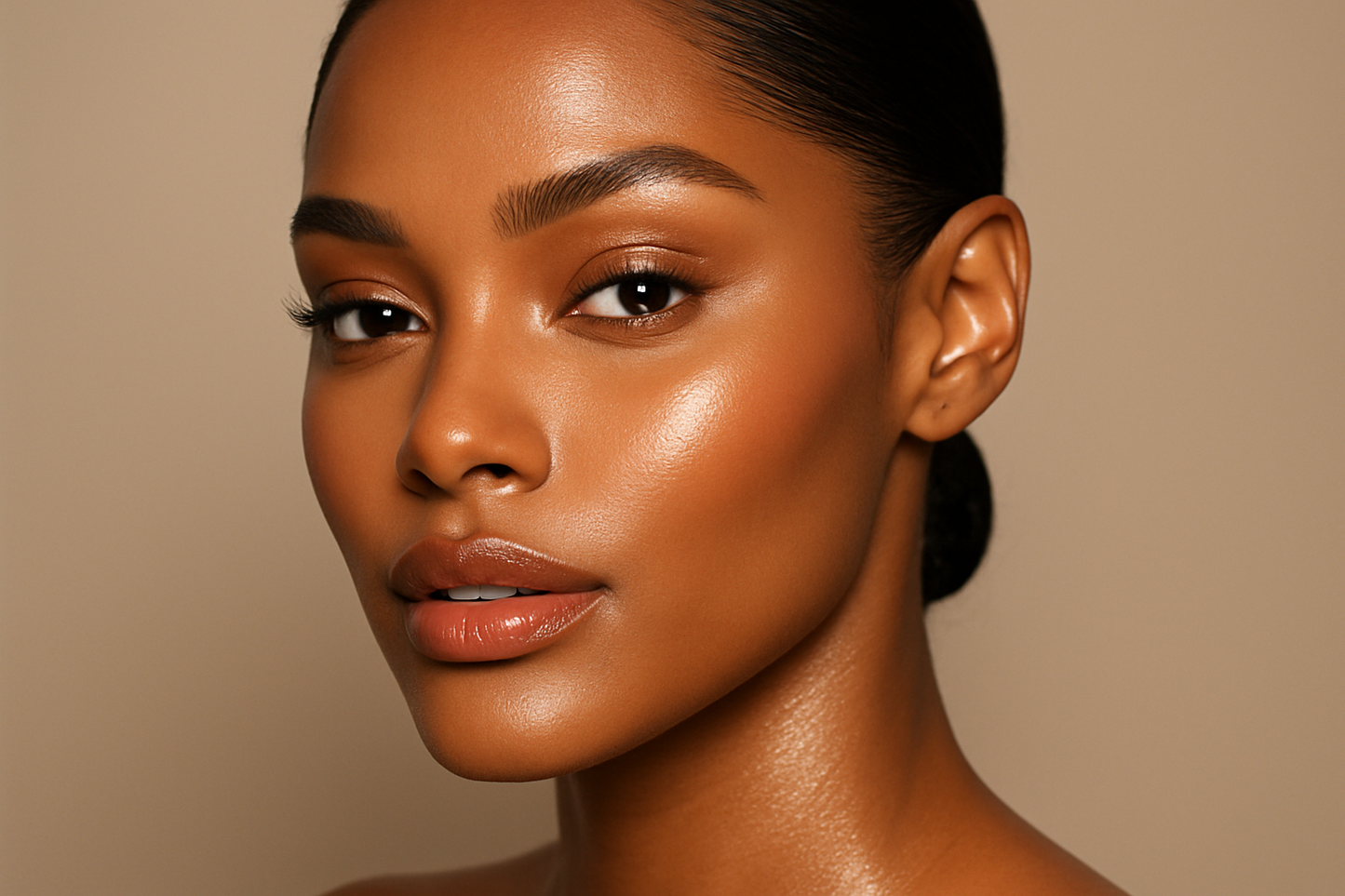 brown lady with highlighetr on glowing skin supermodel look