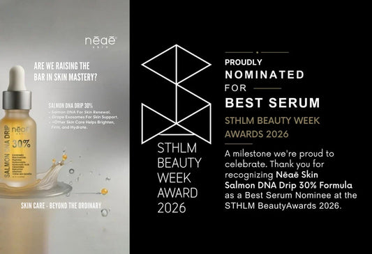Neae Skin nominated for Best Serum at STHLM Beauty Week Awards 2026 — Salmon DNA Drip 30% and Glowing Drip 28% serums