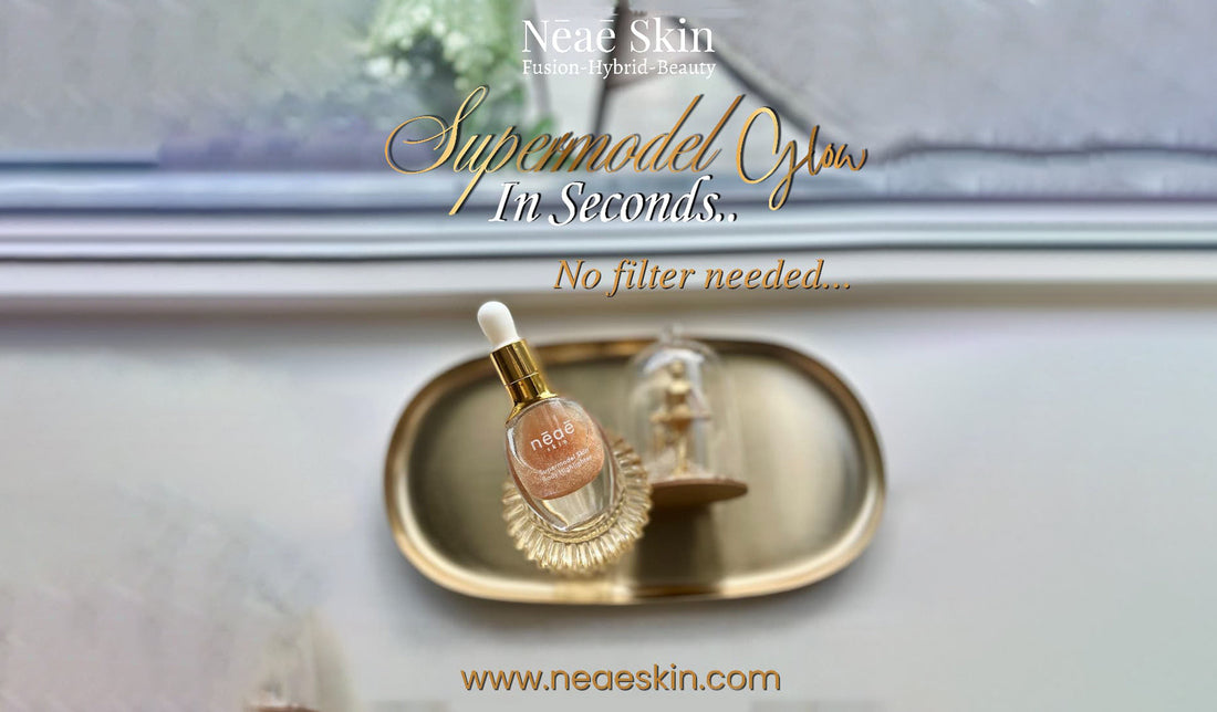 Supermodel Skin Body Highlighter — Hybrid Makeup Body Oil. Squalane + Meadowfoam Oil + Sweet Almond Oil + Vitamin E. Gold Glow & Dewy Glow.