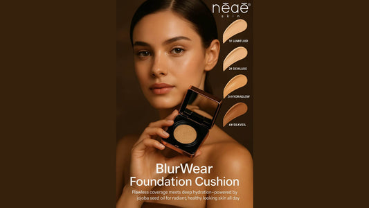 BlurWear Foundation Cushion — Pore-Blurring, Lightweight & Buildable. Olive Pomace Oil + Jojoba Oil + Silica. 6 Shades.