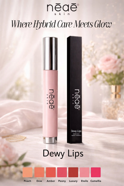 Neae Skin Dewy Lips + Jojoba Oil & Vitamin E – hybrid lip gloss in 7 shades (Peach, Dew, Amber, Peony, Luxury, Etoile, Camellia), dewy glow finish