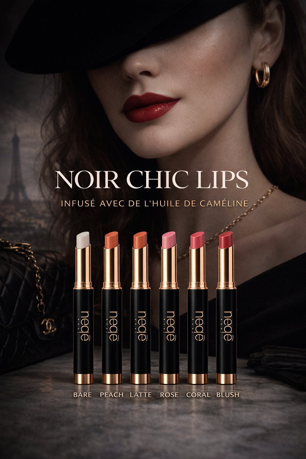 Neae Skin Noir Chic Lips + Camelina Oil – creamy lipstick in 6 shades (Bare, Peach, Latte, Rose, Coral, Blush), deep nourishment with elegant sheen