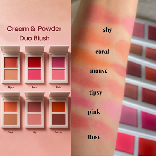 Cream & Powder Duo Blush • Hybrid Formula • Jojoba Oil • Shea Butter • Vitamin E • 6 Shades