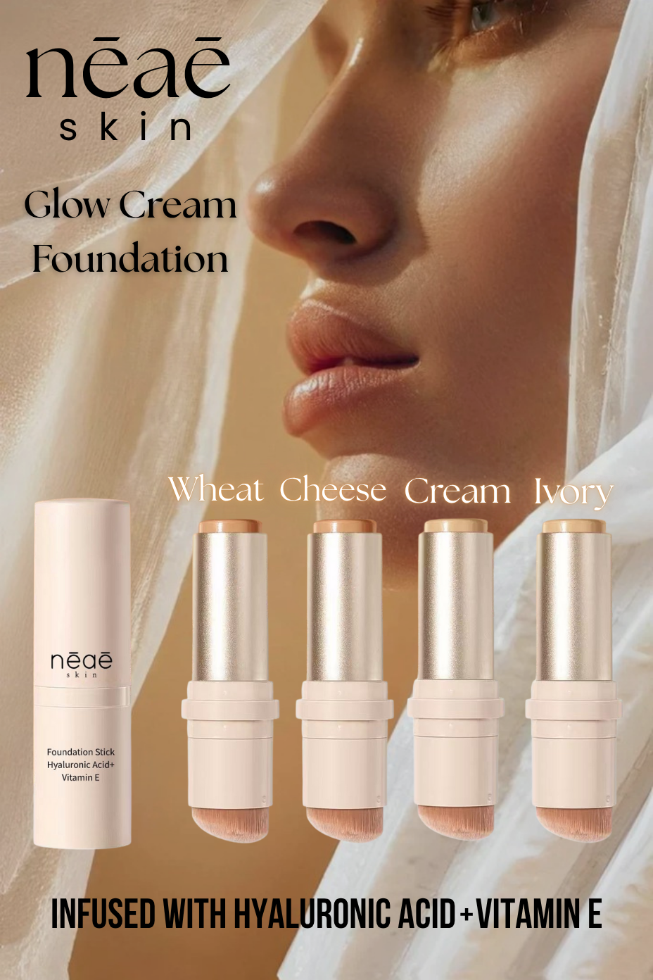 Advertisement for neáé skin Glow Cream Foundation with foundation sticks and text on a beige background.