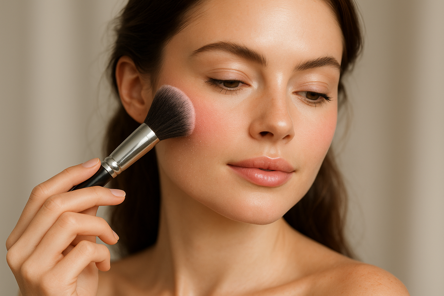 Loose Blush Powder model applying light loose powder blush pink color