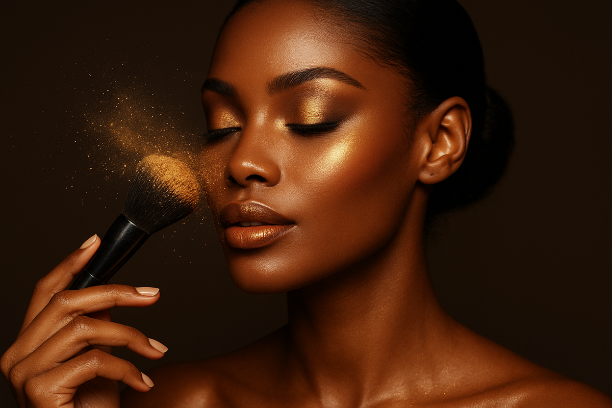 Loose Shine Powder darker supermodel applying gold/brown loose glowing dusty powder with brush