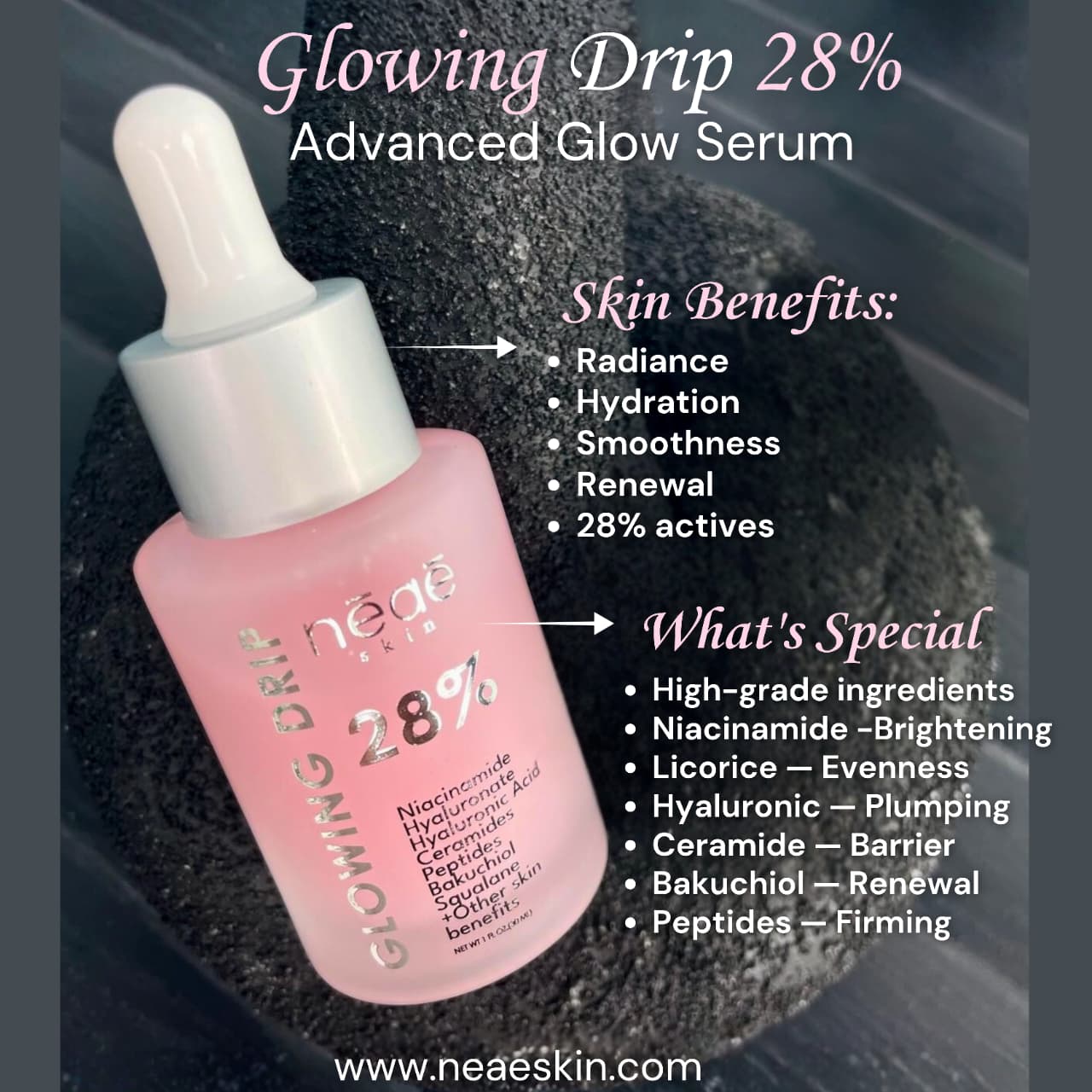 Neae Skin Glowing Drip 28% Serum – Niacinamide, Bakuchiol & Copper Peptides brightening serum for radiant, even-toned skin