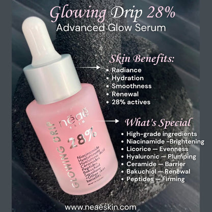 Neae Skin Glowing Drip 28% Serum – Niacinamide, Bakuchiol & Copper Peptides brightening serum for radiant, even-toned skin