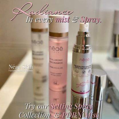 Dewy Glow Setting Spray • Hyaluronic Acid • Niacinamide (Hydration & Glow)

Flawless Matte Setting Spray • Hyaluronic Acid • Niacinamide (Sets Makeup)

Radiant Shimmer Setting Spray • Hyaluronic Acid • Niacinamide (Hydration & Shimmer)

Salmon PDRN Mist • Niacinamide • Hyaluronic Acid • Alpha Arbutin