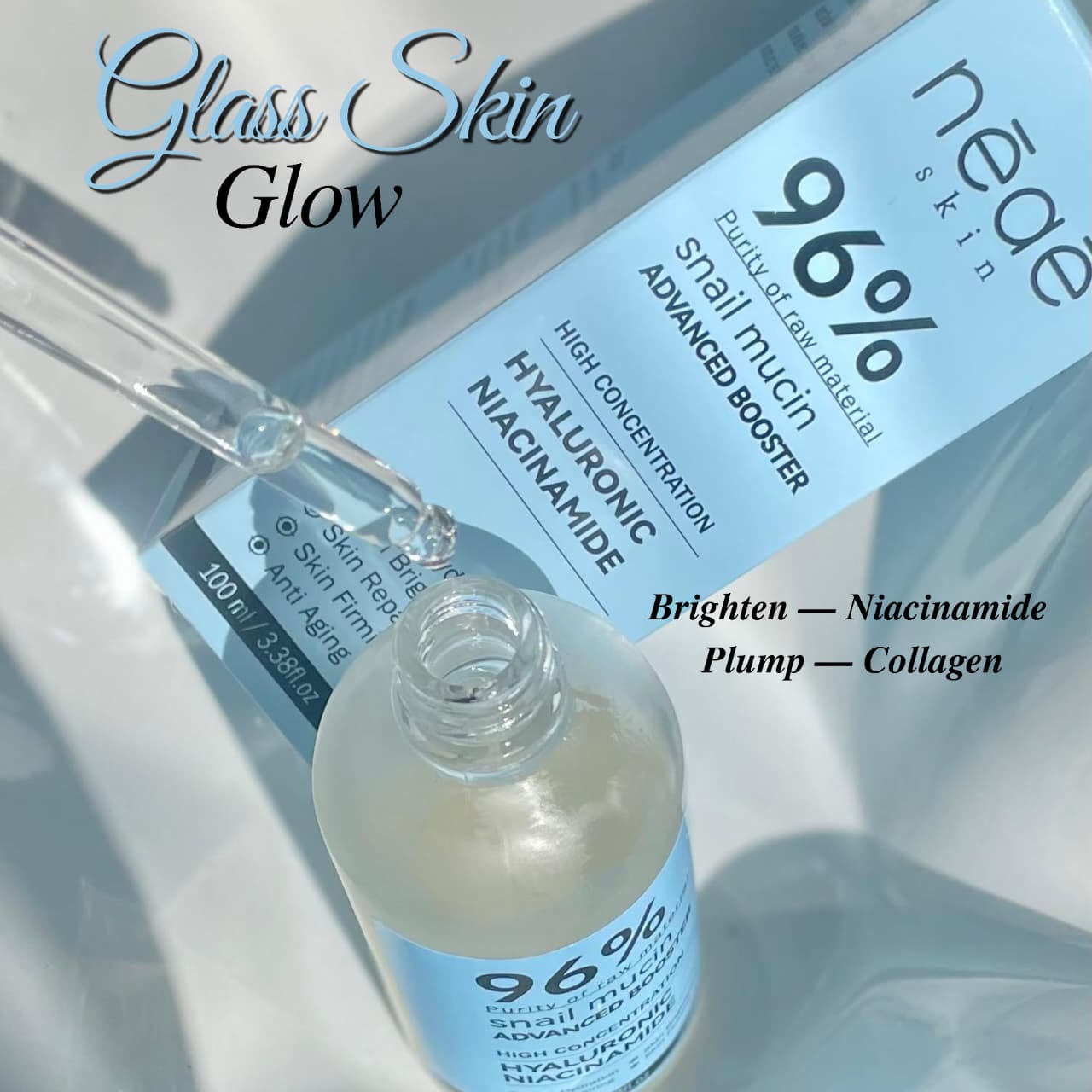 Snail Mucin Serum • Hyaluronic Acid • Niacinamide • Vitamin C • Collagen • Brightening Serum