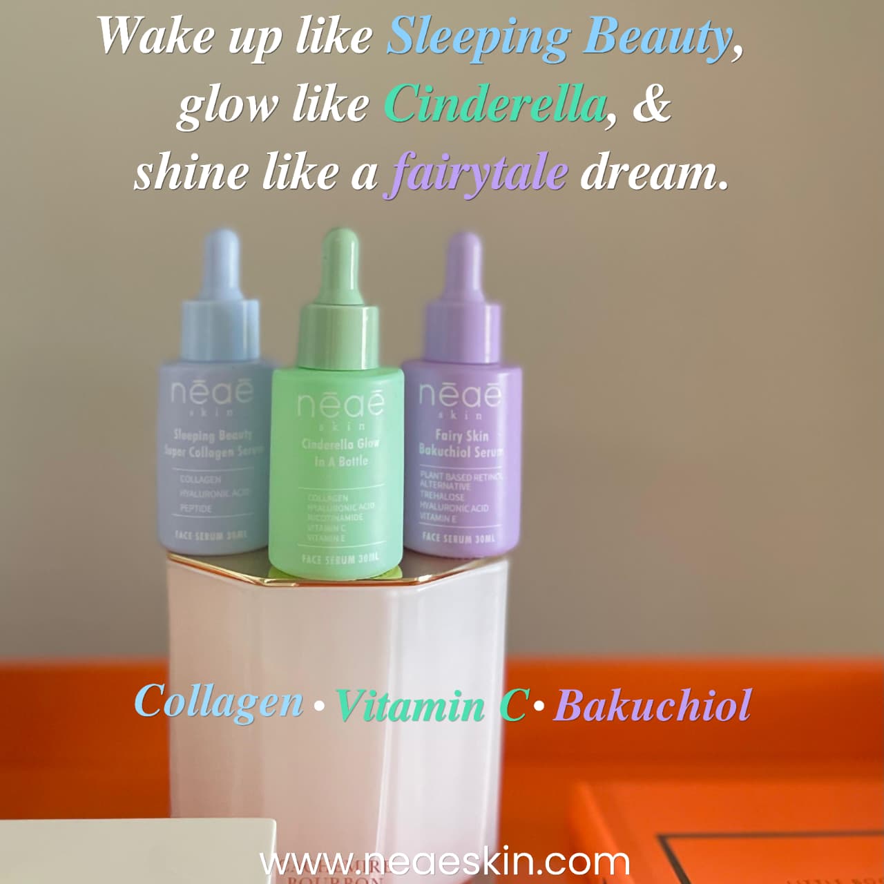 Cinderella Glow in a Bottle • Vitamin C • Niacinamide • Collagen • Peptides • Glow Serum

Sleeping Beauty Collagen Serum • Peptides • Hyaluronic Acid

Fairy Skin Bakuchiol Serum • Hyaluronic Acid • Vitamin E