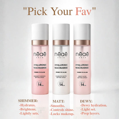 Dewy Glow Setting Spray • Hyaluronic Acid • Niacinamide (Hydration & Glow)
Flawless Matte Setting Spray • Hyaluronic Acid • Niacinamide (Sets Makeup)
Radiant Shimmer Setting Spray • Hyaluronic Acid • Niacinamide (Hydration & Shimmer)