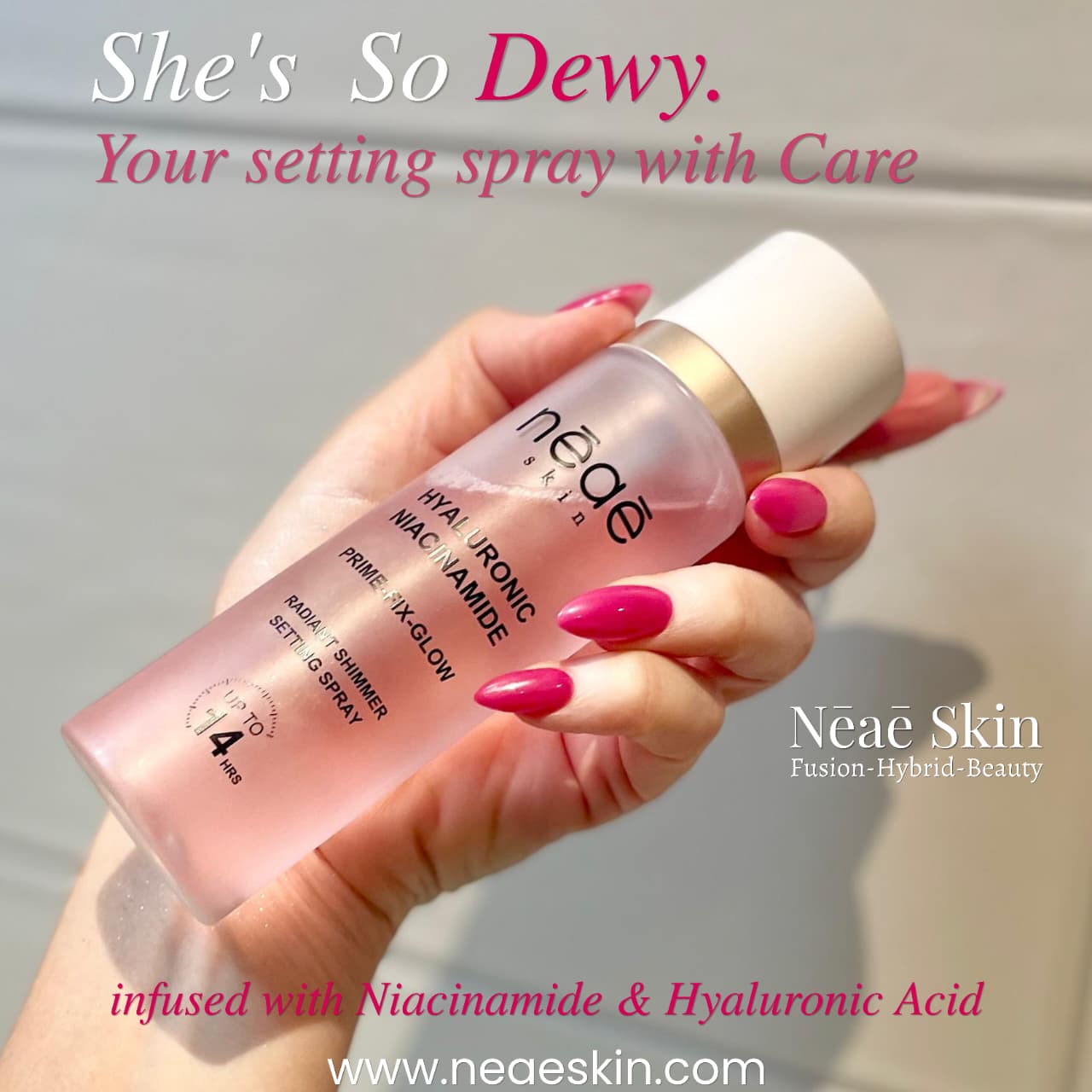 Dewy Glow Setting Spray • Hyaluronic Acid • Niacinamide (Hydration & Glow)

Flawless Matte Setting Spray • Hyaluronic Acid • Niacinamide (Sets Makeup)

Radiant Shimmer Setting Spray • Hyaluronic Acid • Niacinamide (Hydration & Shimmer)