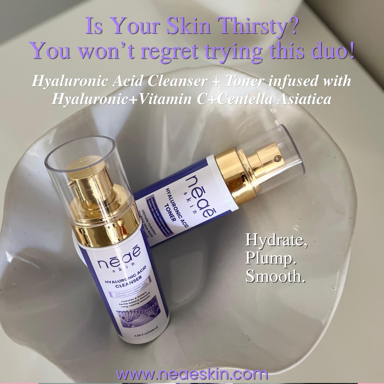 Hyaluronic Acid Toner • Centella • Licorice Root • Hydrating & Brightening

Hyaluronic Acid Cleanser • Vitamin C • Panthenol • Cucumber • Lavender • Gentle Hydrating Face Wash