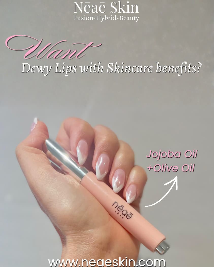 Neae Skin Dewy Lips + Jojoba Oil & Vitamin E – hybrid lip gloss in 7 shades (Peach, Dew, Amber, Peony, Luxury, Etoile, Camellia), dewy glow finish