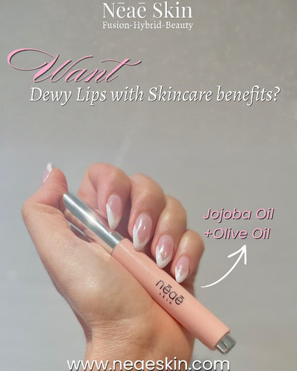 Neae Skin Dewy Lips + Jojoba Oil & Vitamin E – hybrid lip gloss in 7 shades (Peach, Dew, Amber, Peony, Luxury, Etoile, Camellia), dewy glow finish