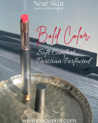 Neae Skin Noir Chic Lips + Camelina Oil – creamy lipstick in 6 shades (Bare, Peach, Latte, Rose, Coral, Blush), deep nourishment with elegant sheen
