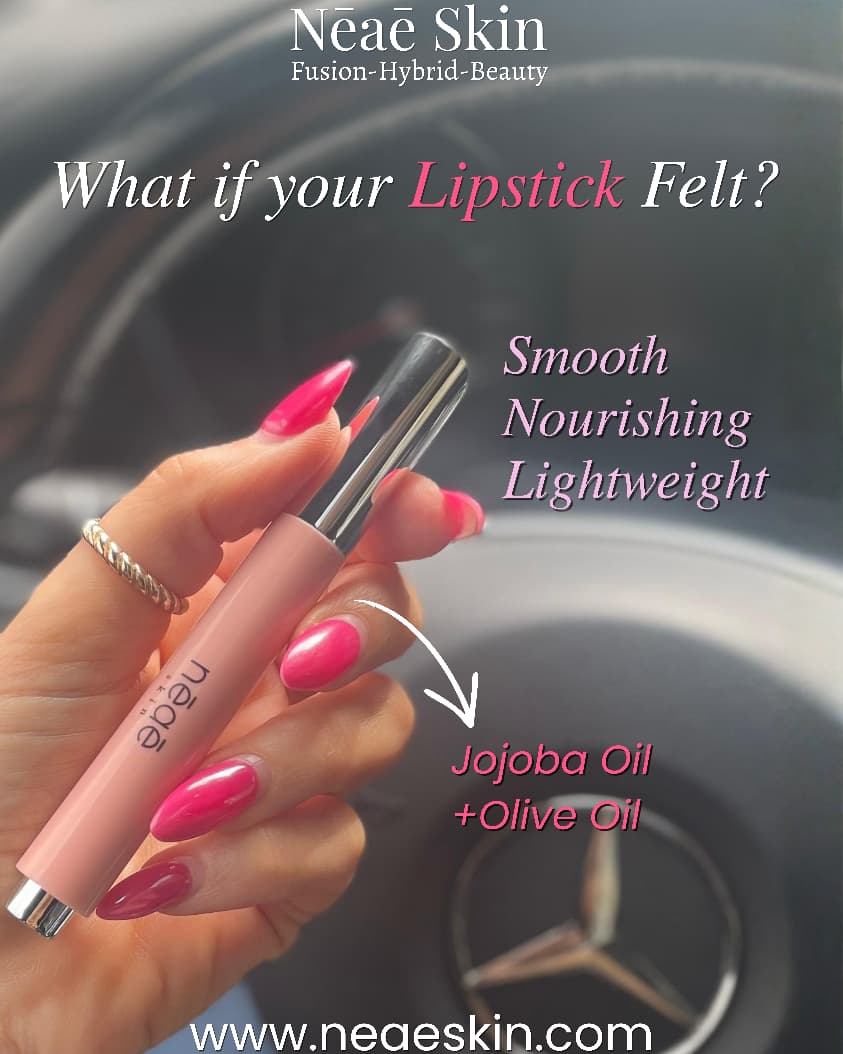 Neae Skin Dewy Lips + Jojoba Oil & Vitamin E – hybrid lip gloss in 7 shades (Peach, Dew, Amber, Peony, Luxury, Etoile, Camellia), dewy glow finish