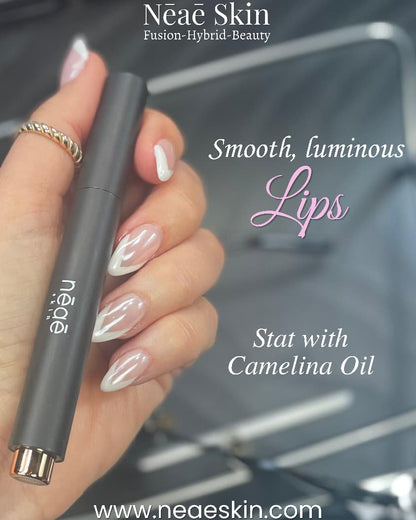 Neae Skin Noir Chic Lips + Camelina Oil – creamy lipstick in 6 shades (Bare, Peach, Latte, Rose, Coral, Blush), deep nourishment with elegant sheen