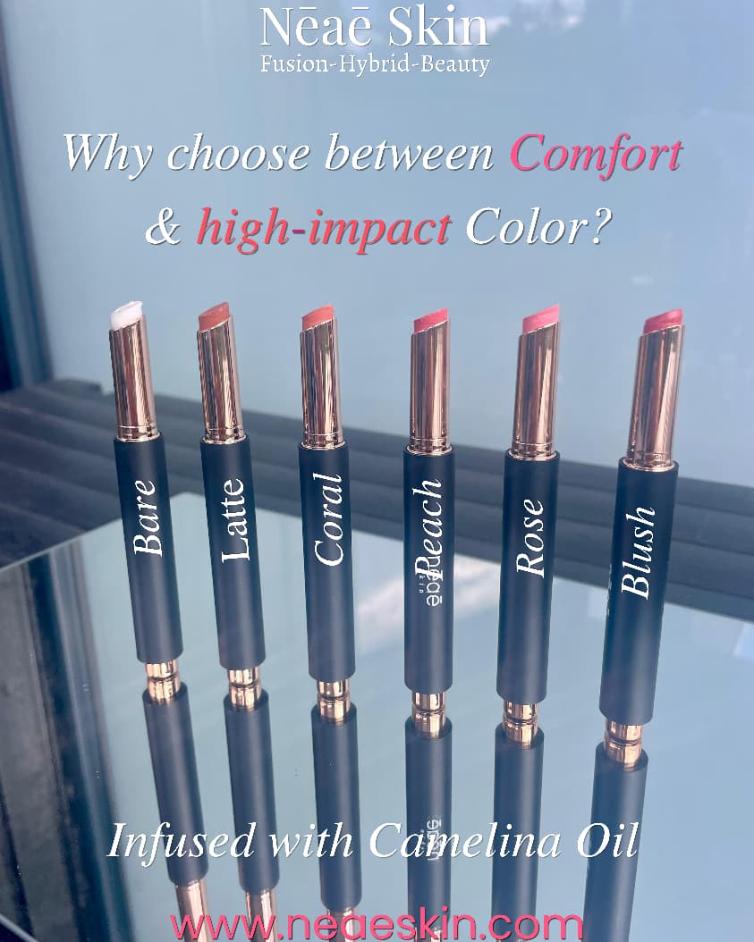 Neae Skin Noir Chic Lips + Camelina Oil – creamy lipstick in 6 shades (Bare, Peach, Latte, Rose, Coral, Blush), deep nourishment with elegant sheen