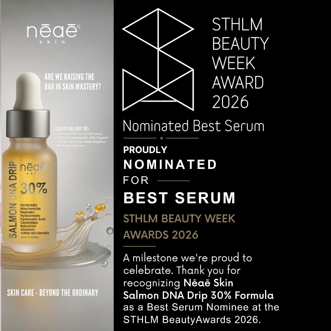 Nēaē Skin Salmon DNA Drip 30% Formula Nominated For Best Serum STHLM Beauty Week Award 2026