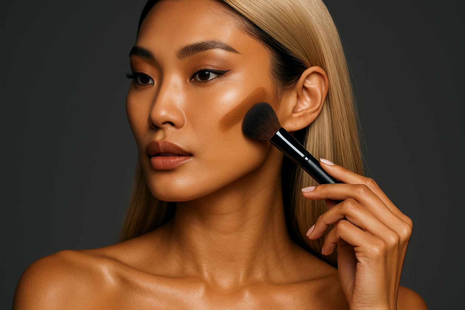 beautiful sharp black, korean, olive skin, blond lady supermodel using contour on flawless faces