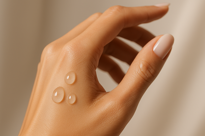 few light see thru serm drops on super model hand