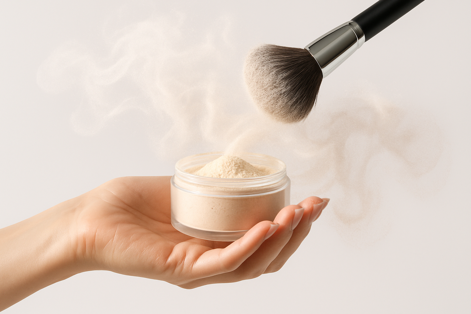 loose powder in a beautiful hand with ultrafine powder flying in the air and brush