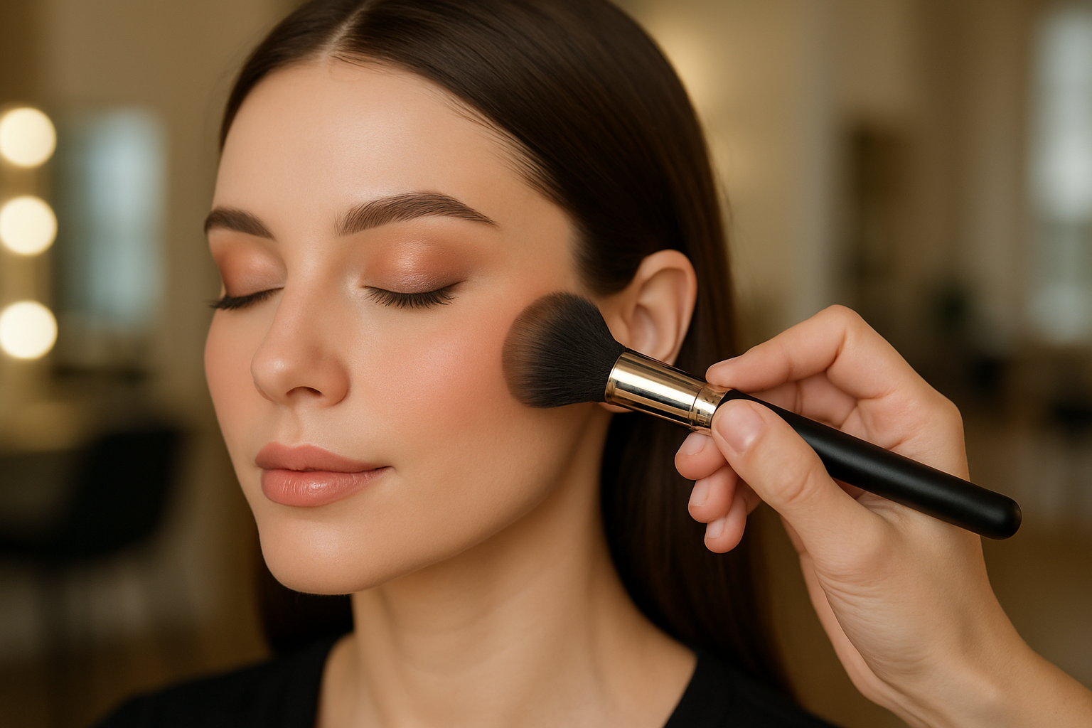 make up artist using blush brush on model face