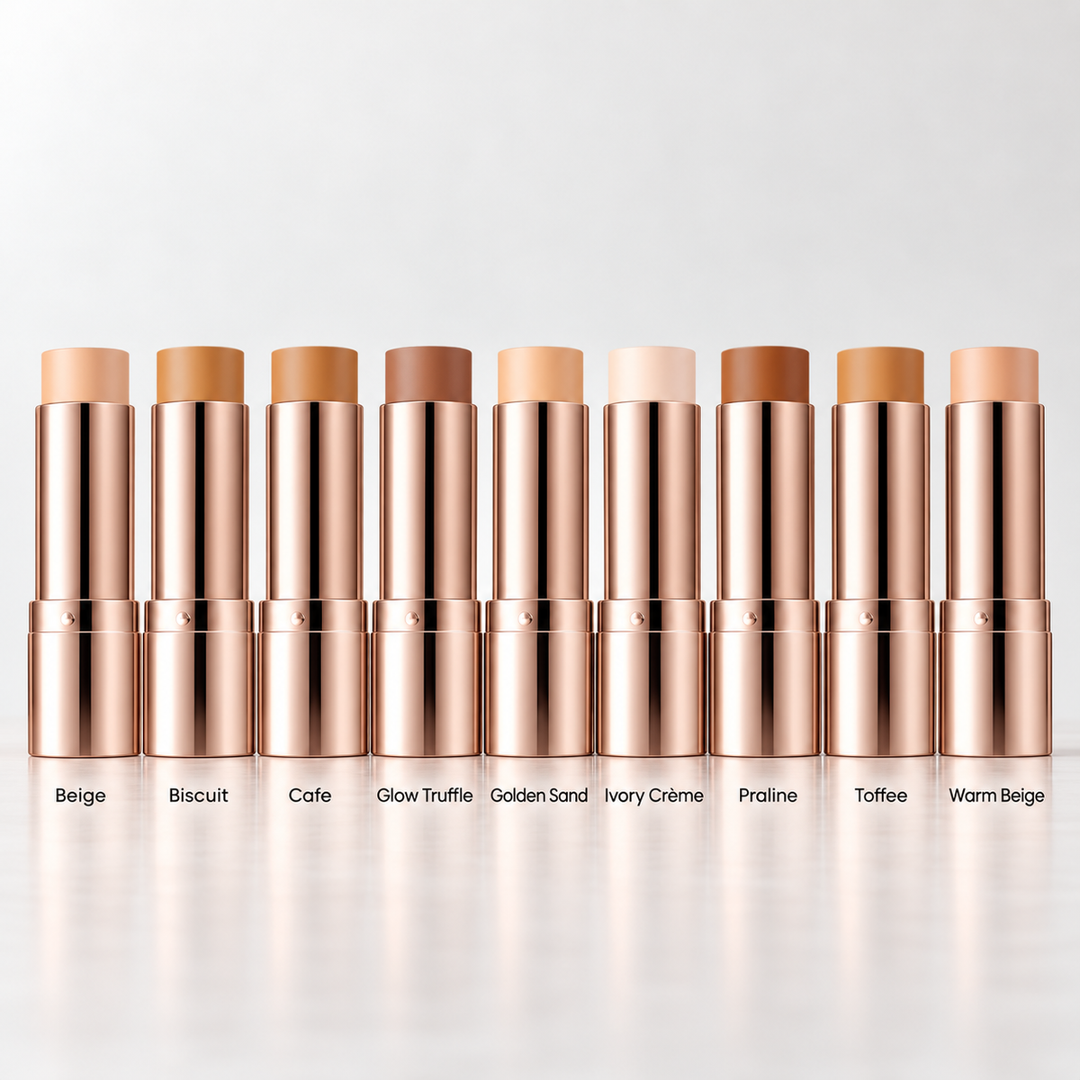 Neae Skin Radiant Shimmer Foundation Stick with 9 shades, showing the creamy texture and variety of color options for luminous skin.