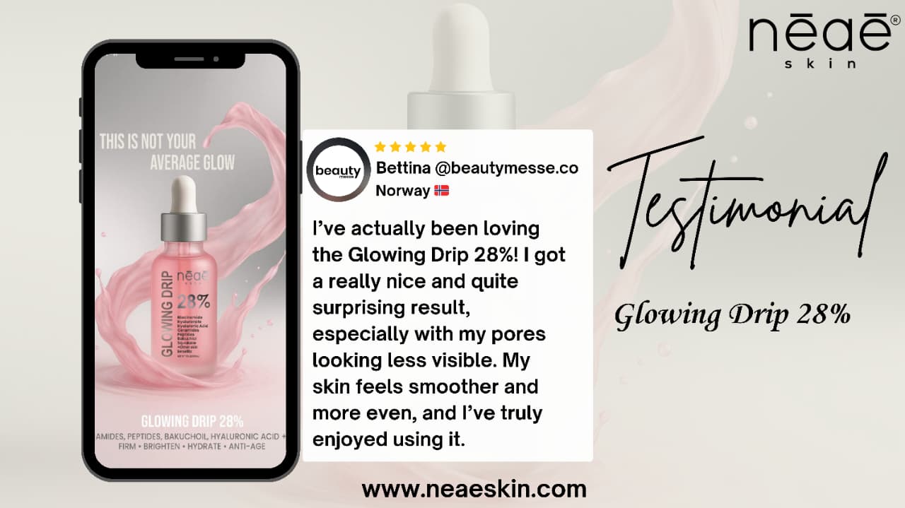 Neae Skin Glowing Drip 28% Serum – Niacinamide, Bakuchiol & Copper Peptides brightening serum for radiant, even-toned skin